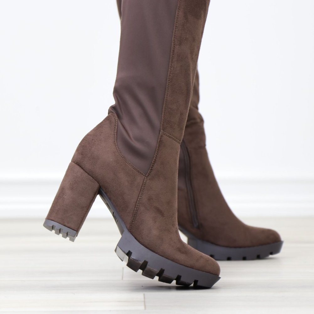 Brown Thigh High Over The Knee Lug Block Heel Boots Faux Suede Round Toe - Picture 6 of 16